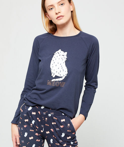 Top s potiskem koček a &bdquo;meow&ldquo; modr&aacute;.