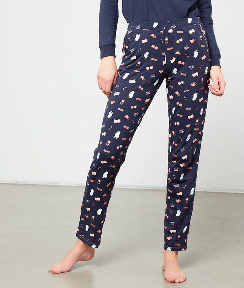 Kalhoty s potiskem modr&aacute;.