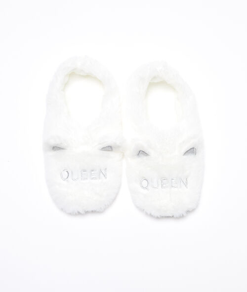 Pantofle z umělé kožešiny s kočičími uši „green queen“ béžová.
