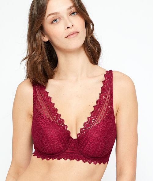 Soutien-gorge n&deg;6 - triangle naturel en dentelle graphique bordeaux grenat.