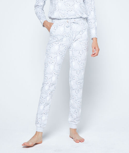 Kalhoty s&nbsp;potiskem koček &scaron;ed&aacute;.