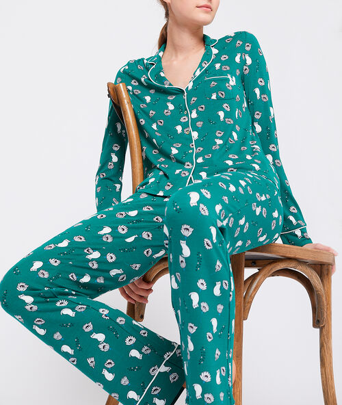 Kalhoty s květinov&yacute;m a kočič&iacute;m potiskem zelen&aacute;.