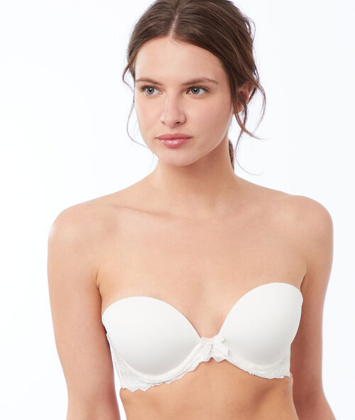 Podprsenka bandeau z mikrovl&aacute;kna s krajkami a odn&iacute;mateln&yacute;mi ram&iacute;nky b&eacute;žov&aacute;.