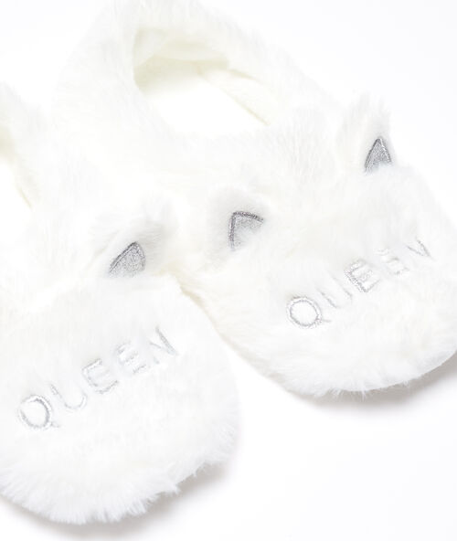 Pantofle z umělé kožešiny s kočičími uši „green queen“ béžová.